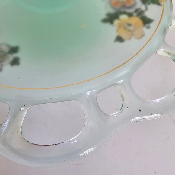 Lancaster Glass Footed Plate Green Satin Glass Open Lace Reverse Painted Floral - Picture 6 of 12